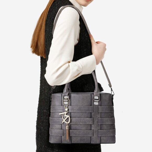 PU Leather Weave Grey Shoulder Bag for Women Elegant Top Handle Designer Purse - Picture 7 of 8